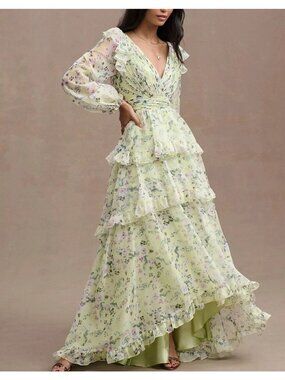 Mac Duggal Tiered Chiffon Maxi Dress Prairie Cottagecore Floral Formal Womens 6